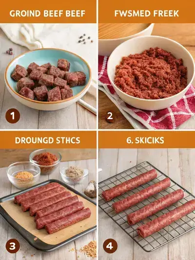 Step-by-step process of making beef sticks, showcasing ingredients and preparation stages.