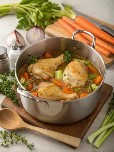 A pot of chicken soup with chicken pieces and fresh vegetables simmering on the stove.