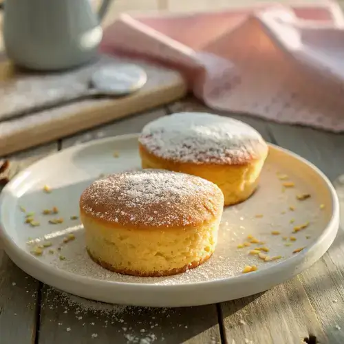 Two patty cakes on a ceramic plate with powdered sugar, set against a rustic wooden table.