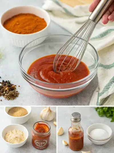 Step-by-step preparation of Catalina dressing with ingredients and final product.