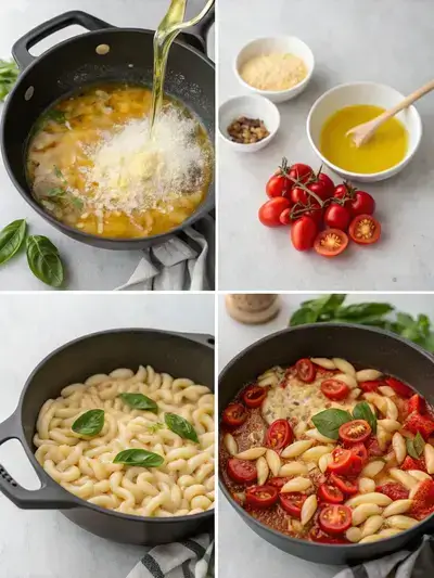 Step-by-step preparation of cavatelli pasta with garlic, cherry tomatoes, and basil.