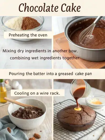 Step-by-step process of making a Chocolate Cake, including mixing ingredients and baking.