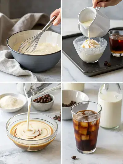 Step-by-step process of making cold foam for iced coffee, including chilling tools, mixing ingredients, whisking, preparing coffee, and serving.