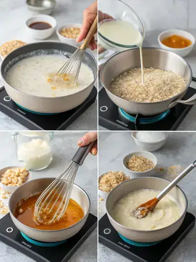Step-by-step images of making cream of rice, from boiling liquid to serving with toppings.