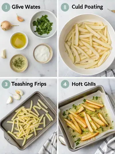 Step-by-step images of preparing garlic fries, from washing potatoes to serving hot.