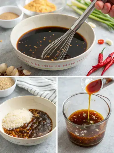 Step-by-step preparation of General Tso Sauce with ingredients and cooking process.