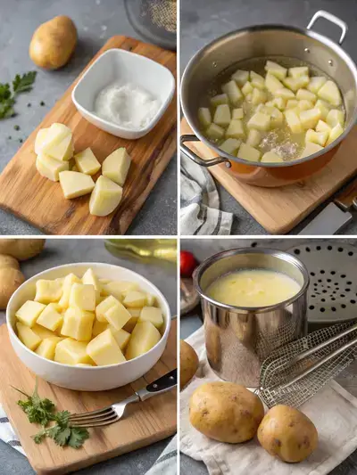 Step-by-step images of making mashed potatoes, from peeling to serving.