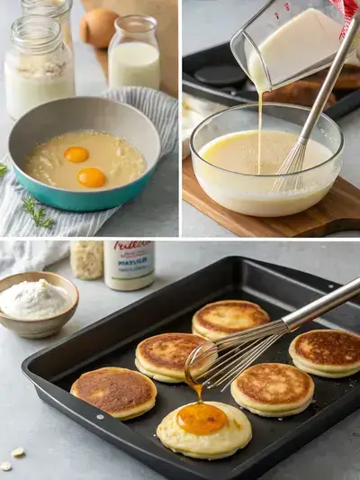 Step-by-step images of making pancakes with krusteaz pancake mix, from mixing ingredients to serving with syrup and fruit.