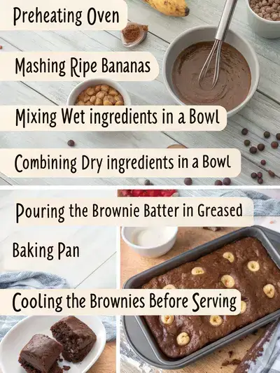 Step-by-step process of making protein brownies, including mashing bananas, mixing ingredients, and baking.