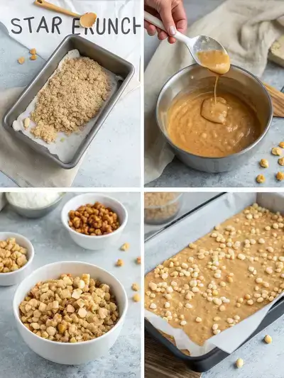 Step-by-step preparation of Star Crunch treats, showcasing each stage from mixing ingredients to cutting the final bars.