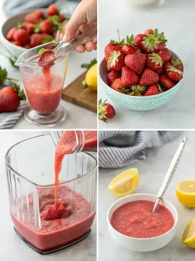 Step-by-step process of making strawberry puree, including washing, hulling, blending, tasting, and chilling.