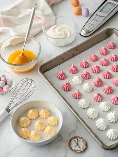Step-by-step process of making Sweet Meringue Candies, from preheating the oven to cooling the finished meringues.