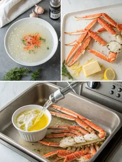 Step-by-step preparation of crab legs with garlic butter and lemon.
