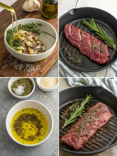 Step-by-step preparation of hanger steak, including mixing marinade, marinating steak, preheating grill, searing steak, and serving sliced steak.