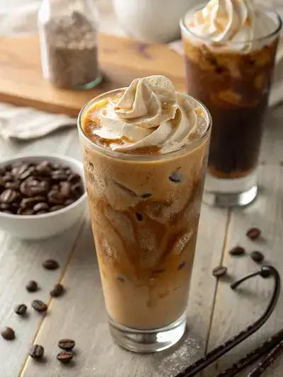Close-up of a tall glass of iced coffee with glossy cold foam swirls on top, condensation visible on the glass , cold foam recipe