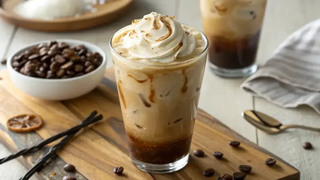 Close-up of a tall glass of iced coffee with glossy cold foam recipe swirls on top, condensation visible on the glass.