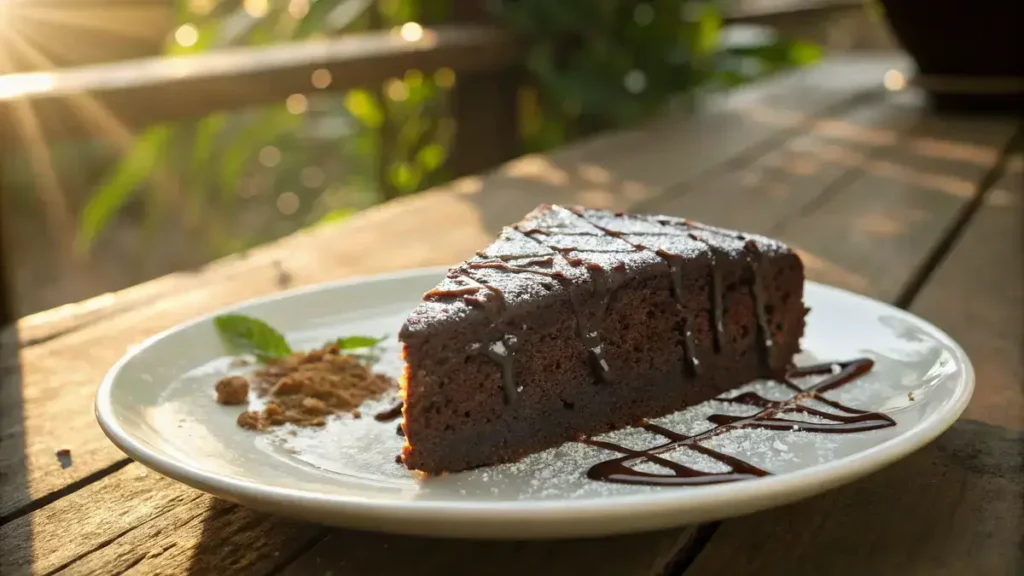 Close-up of a moist chocolate cake slice on a white plate, drizzled with chocolate ganache and dusted with powdered sugar.