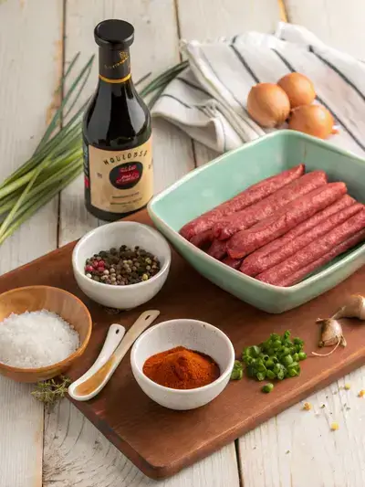 Ingredients for making beef sticks arranged on a rustic wooden table.
