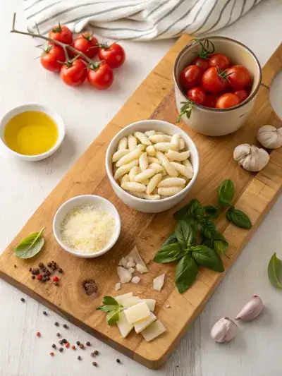 Ingredients for cavatelli pasta displayed on a wooden cutting board.