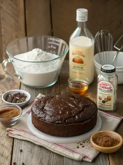 Ingredients for Chocolate Cake displayed on a wooden countertop, including flour, cocoa powder, sugar, and more.