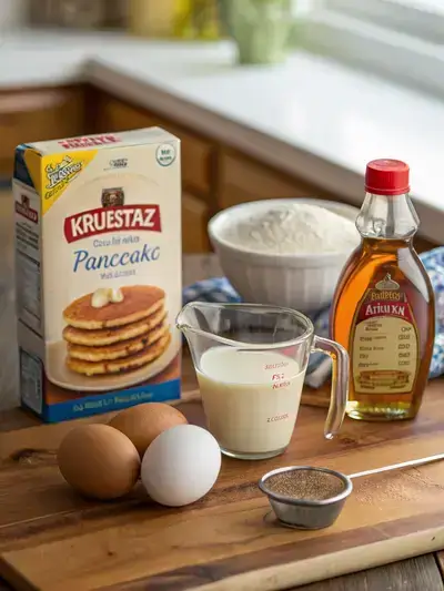 Ingredients for fluffy pancakes including Krusteaz pancake mix, an egg, milk, and vegetable oil on a kitchen countertop.