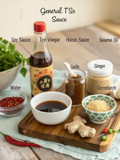 Ingredients for General Tso sauce arranged on a wooden countertop with labels.
