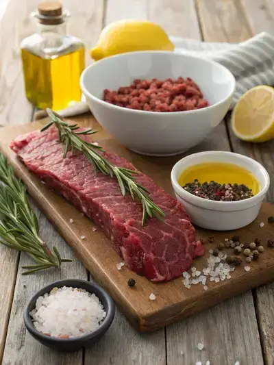 Ingredients for hanger steak including steak, garlic, rosemary, and lemon on a wooden table.
