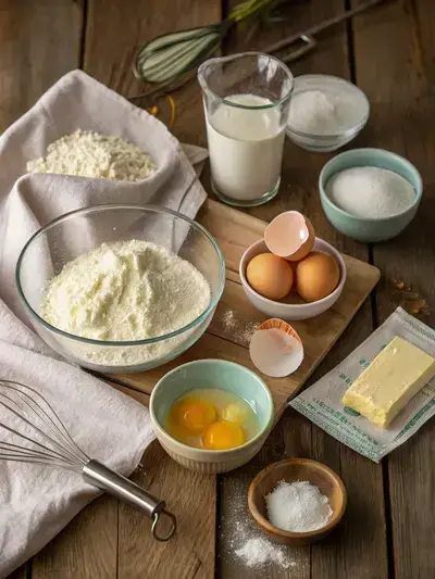 Ingredients for patty cakes displayed on a wooden countertop, including flour, sugar, eggs, and milk.