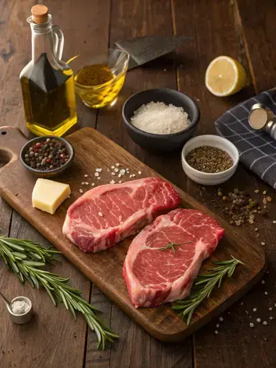 Ingredients for a rare steak dinner including ribeye steaks, olive oil, garlic, rosemary, and butter on a wooden table.