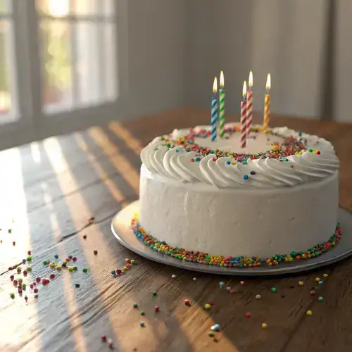 Round birthday cake with smooth frosting and colorful candles on a rustic wooden table