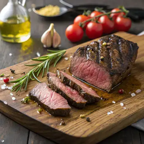 Hanger steak slices with olive oil and herbs on a rustic board.