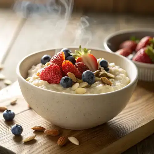 A bowl of cream of rice cereal with fresh fruit and nuts, captured in soft morning light with a blurred background.