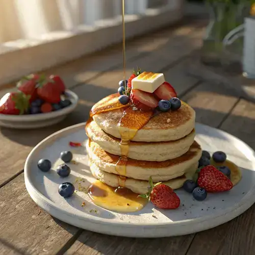 Golden fluffy pancakes on a rustic table, adorned with butter, syrup, and fresh berries.