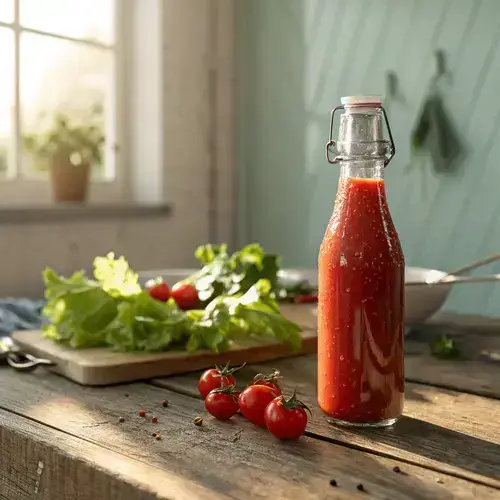 Glass bottle of Catalina salad dressing with lettuce and tomatoes, illuminated by morning light.