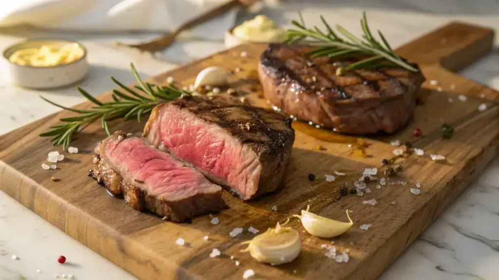 Close-up of two rare ribeye steaks on a wooden cutting board with rosemary and garlic, showcasing a medium-rare pink center and glistening juices.
