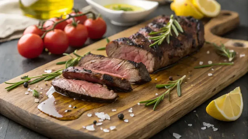 Close-up of sliced hanger steak on a wooden cutting board with rosemary and garlic.