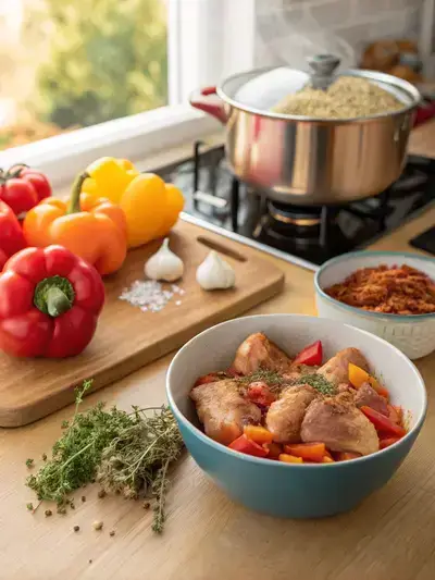 Preparation of chicken stew with scotch bonnet peppers, featuring marinated chicken, spices, and sautéed vegetables in a warm kitchen.