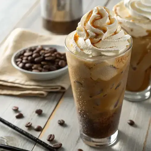 Iced coffee in a clear glass with thick cold foam, set against a blurred wooden background.