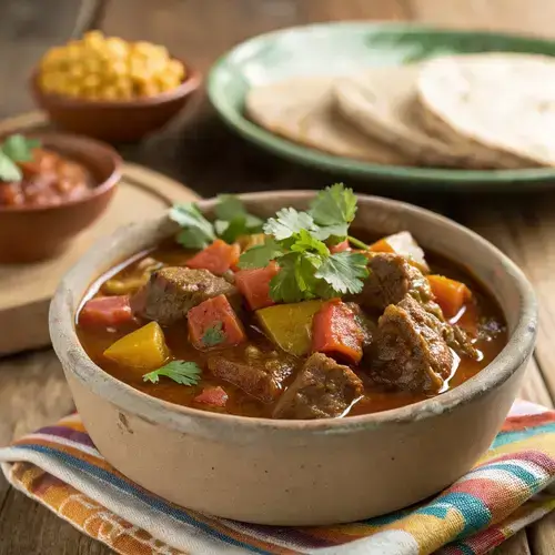 Photorealistic guisado with fresh cilantro and warm tortillas on a wooden table.