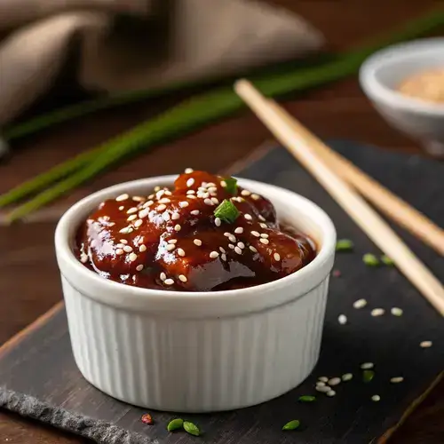Small bowl of General Tso sauce with sesame seeds and chopsticks in the background.