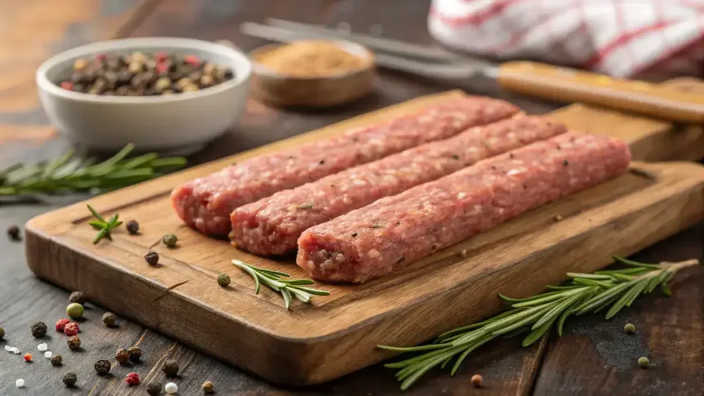 Close-up of homemade beef sticks on a rustic wooden cutting board with spices and herbs visible.