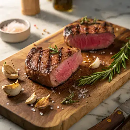 Two rare ribeye steaks topped with melting butter, surrounded by rosemary and garlic, illuminated by warm golden light.