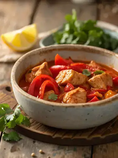 Close-up of a rustic bowl of spicy chicken stew with scotch bonnet peppers and tender chicken in tomato broth.