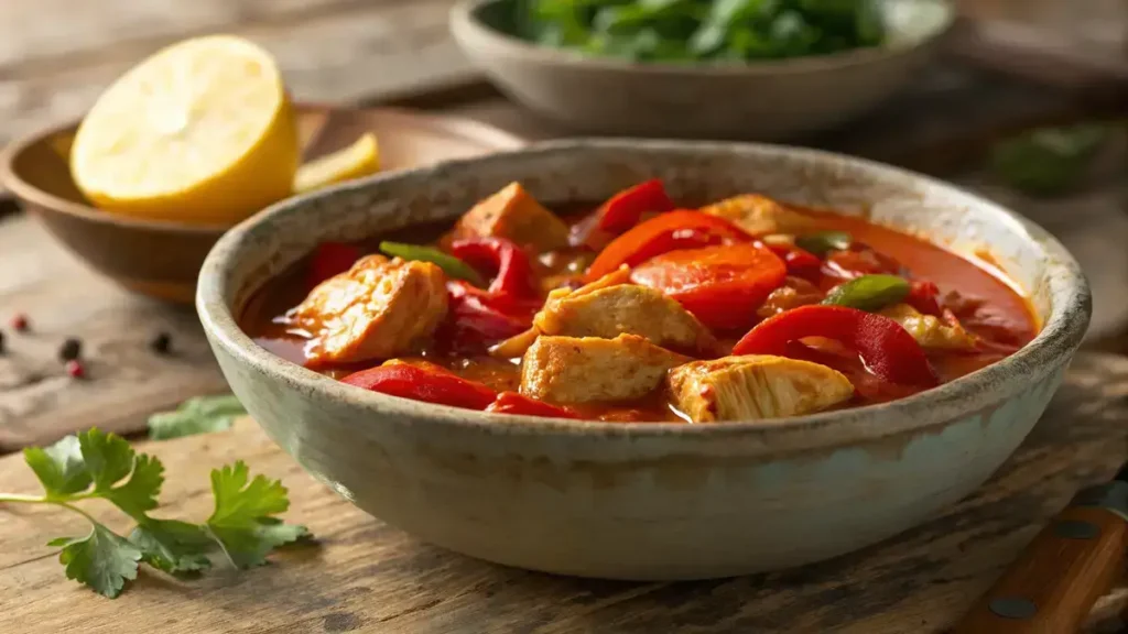 Close-up of a rustic bowl of spicy chicken stew with scotch bonnet peppers and tender chicken in tomato broth.