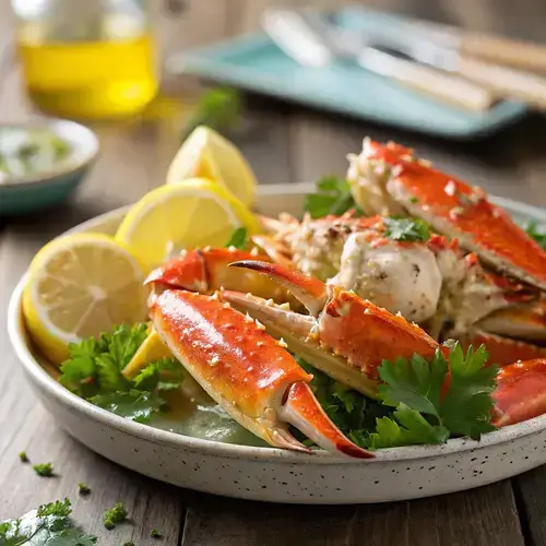 Photorealistic image of crab legs garnished with parsley and lemon, with steam rising.