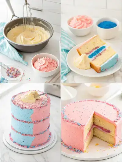 Step-by-step images of making a Gender Reveal Cake in a bright kitchen.