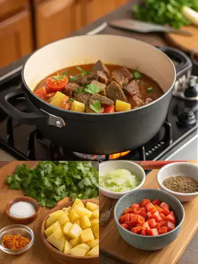 Step-by-step preparation of guisado, showcasing the cooking process from oil heating to garnished final dish.