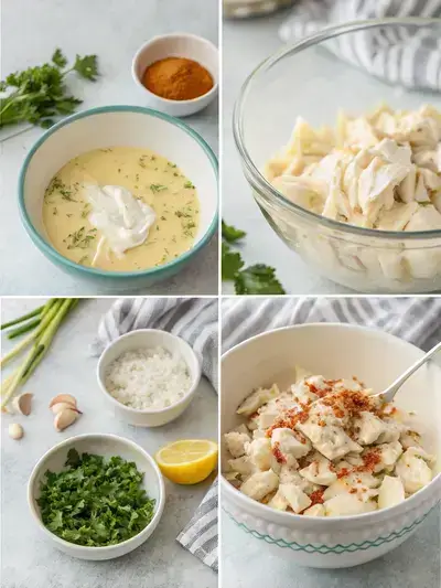 Step-by-step preparation of lump crab meat salad, showcasing the mixing of ingredients and final presentation.