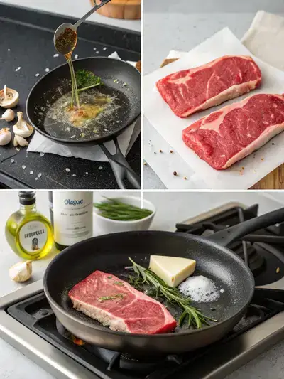 Step-by-step preparation of rare steak, showcasing the process from seasoning to serving, with ingredients and cooking techniques highlighted.