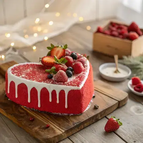 Heart-shaped cake with strawberries and raspberries on a rustic wooden surface